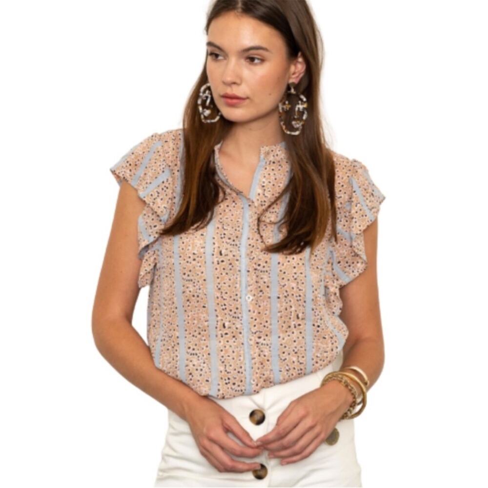 The Shirt by Rochelle Behrens Peach and Light Blue Eyelet Stripe Ruffle Blouse